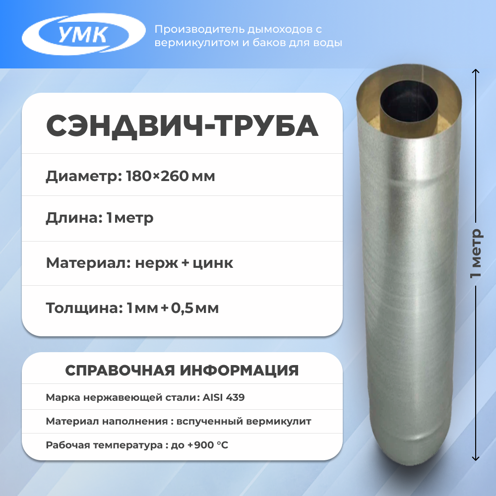 Сэндвич-труба 1,0м, ф 180х260, Н+Оц, 1,0мм/0,5мм, (К)