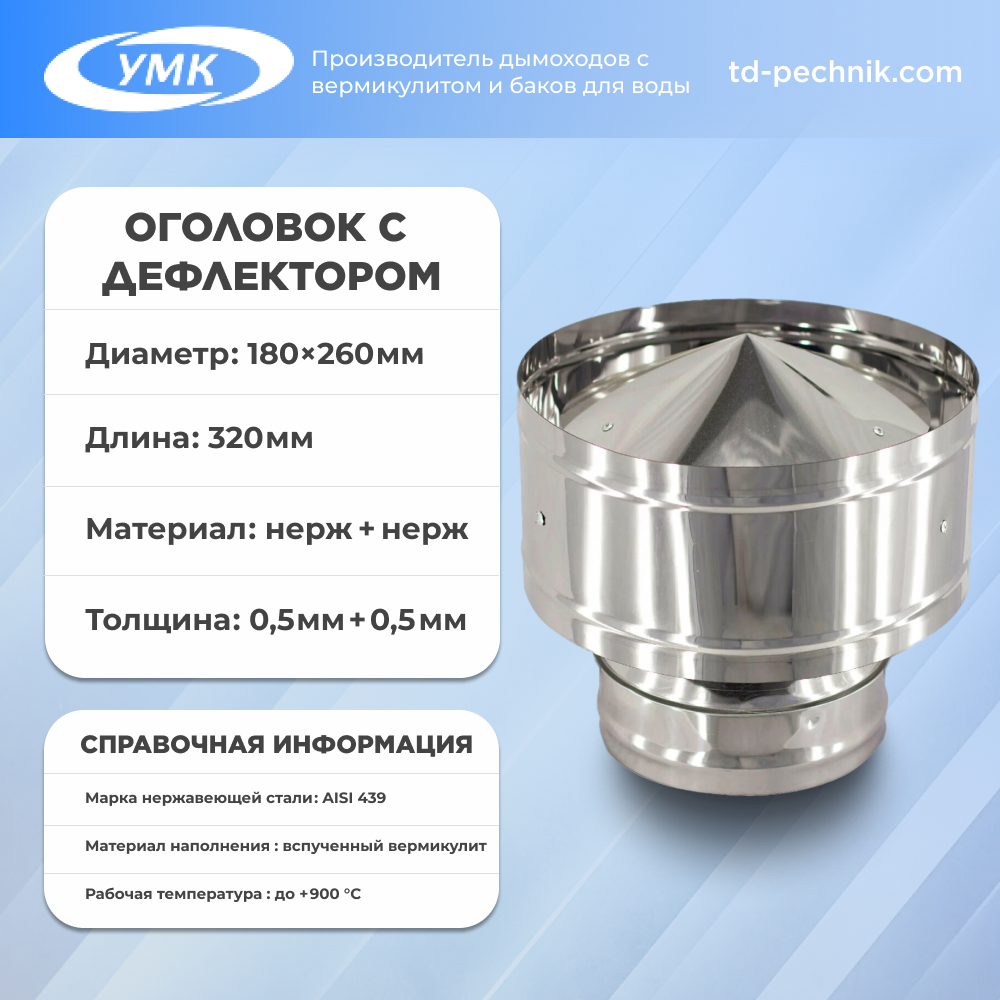 Оголовок с дефлектором, ф 180х260, Н+Н, 0,5мм/0,5мм, (К)